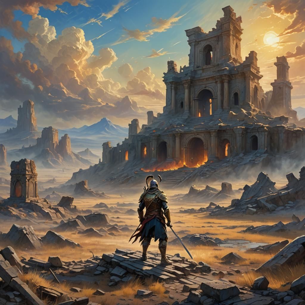 Lone Warrior in Ravaged Battlefield, Oil Painting