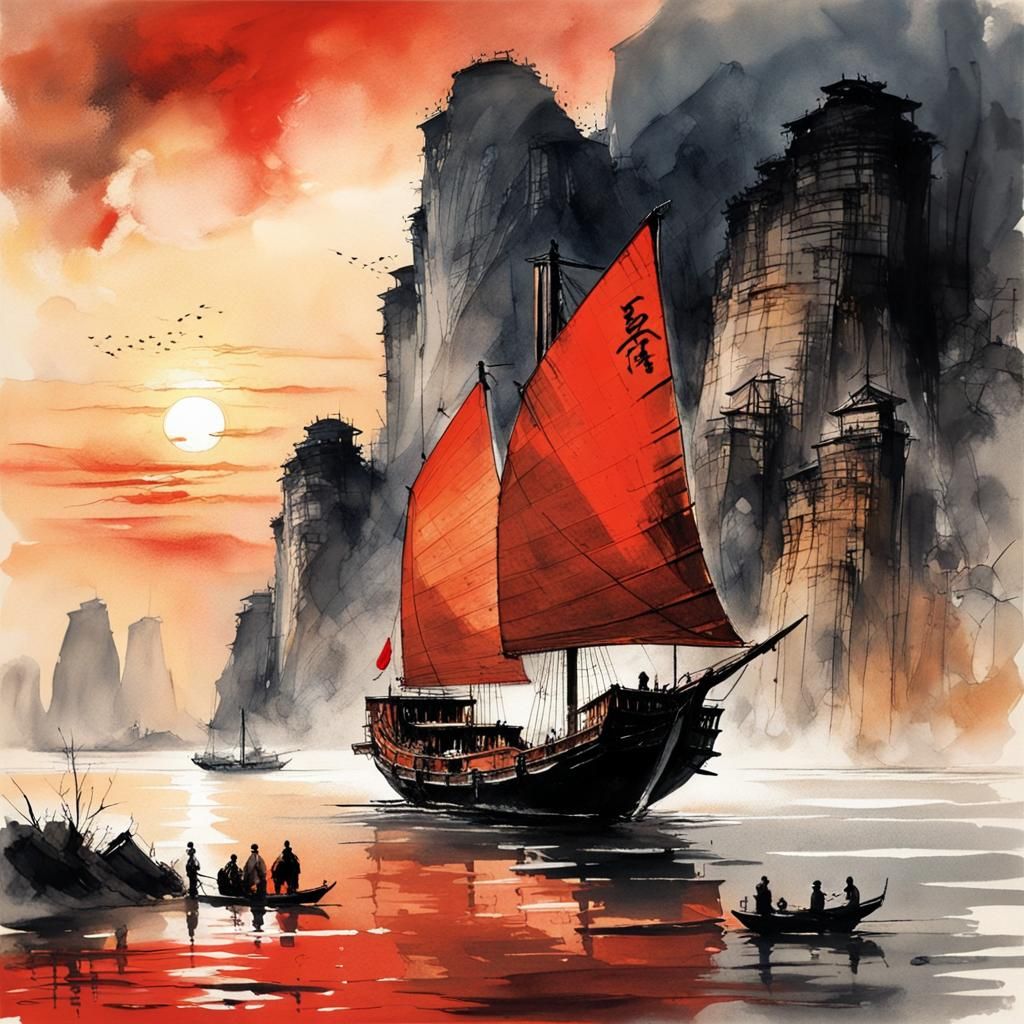 Chinese Junk Sumi-e Sunset on Yangtze River