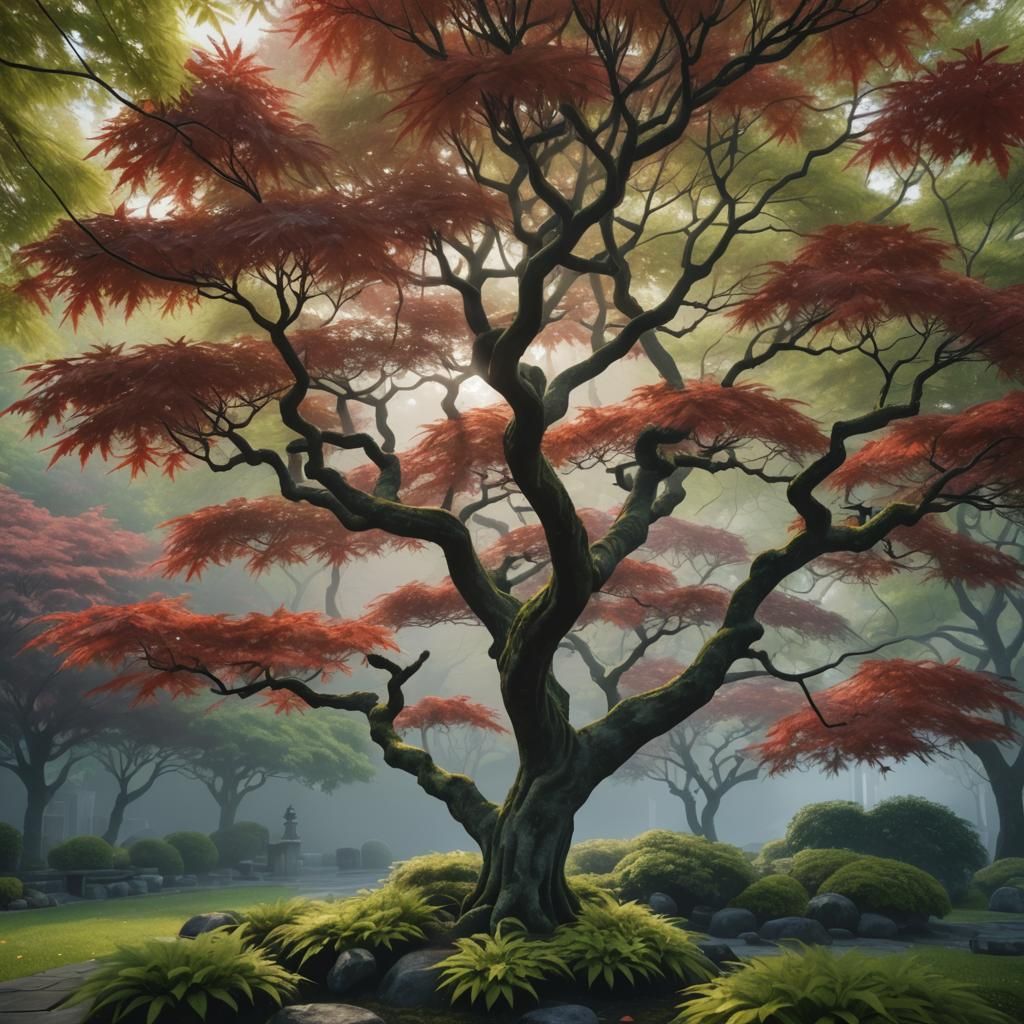 Japanese Maple in Lush Foggy Garden