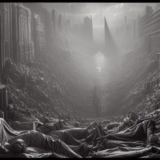 Dystopian Art Deco Cityscape in Post-Apocalyptic Hell