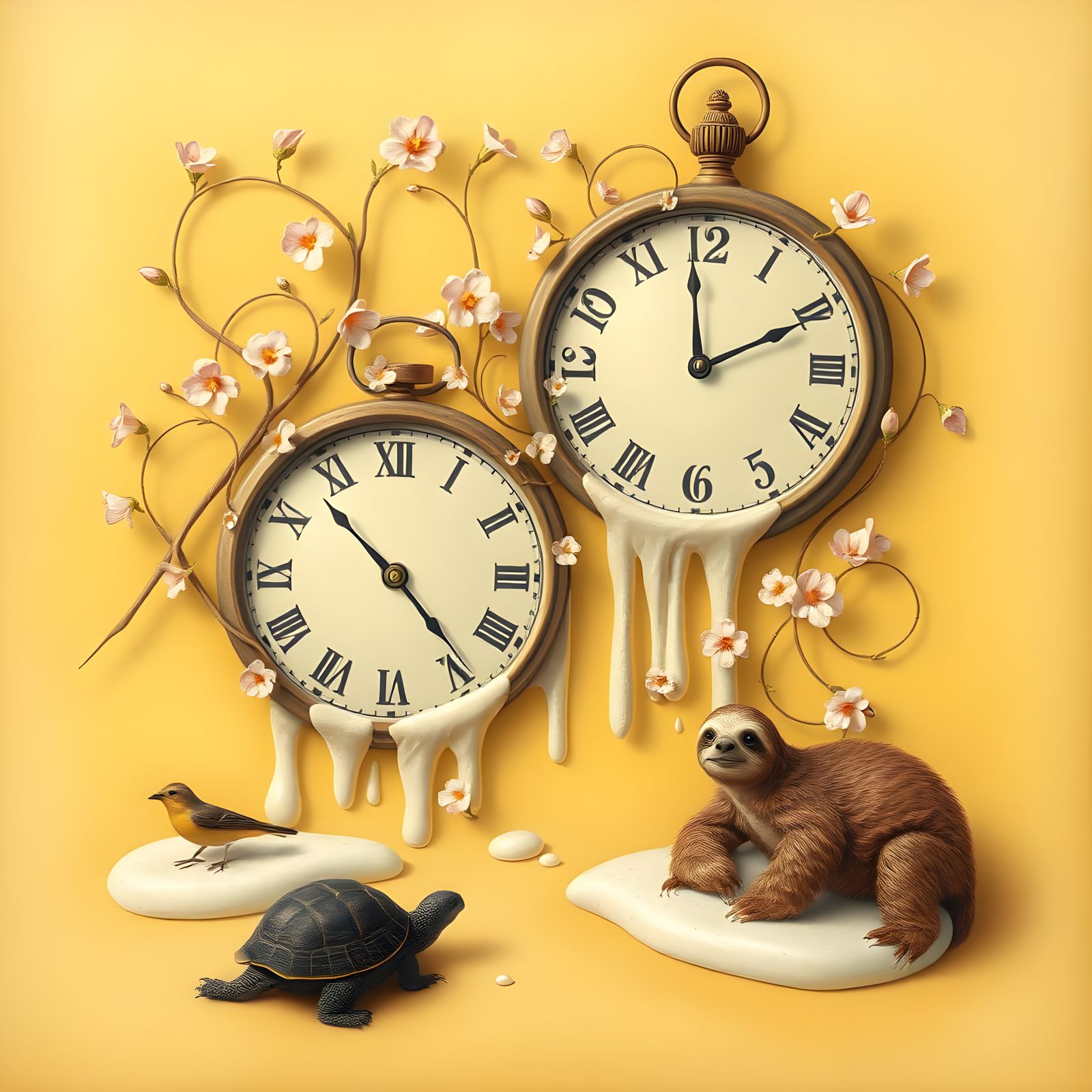 Whimsical Clockscape in Soft Yellow Hues