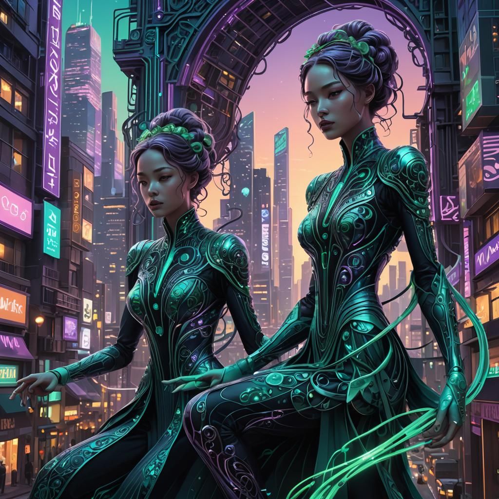 Futuristic Art Nouveau Cityscape with Glowing Tendrils