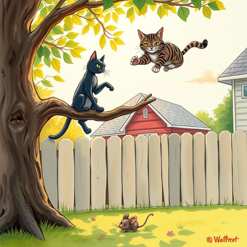 Whimsical Backyard Cats in Gouache Watercolor Style