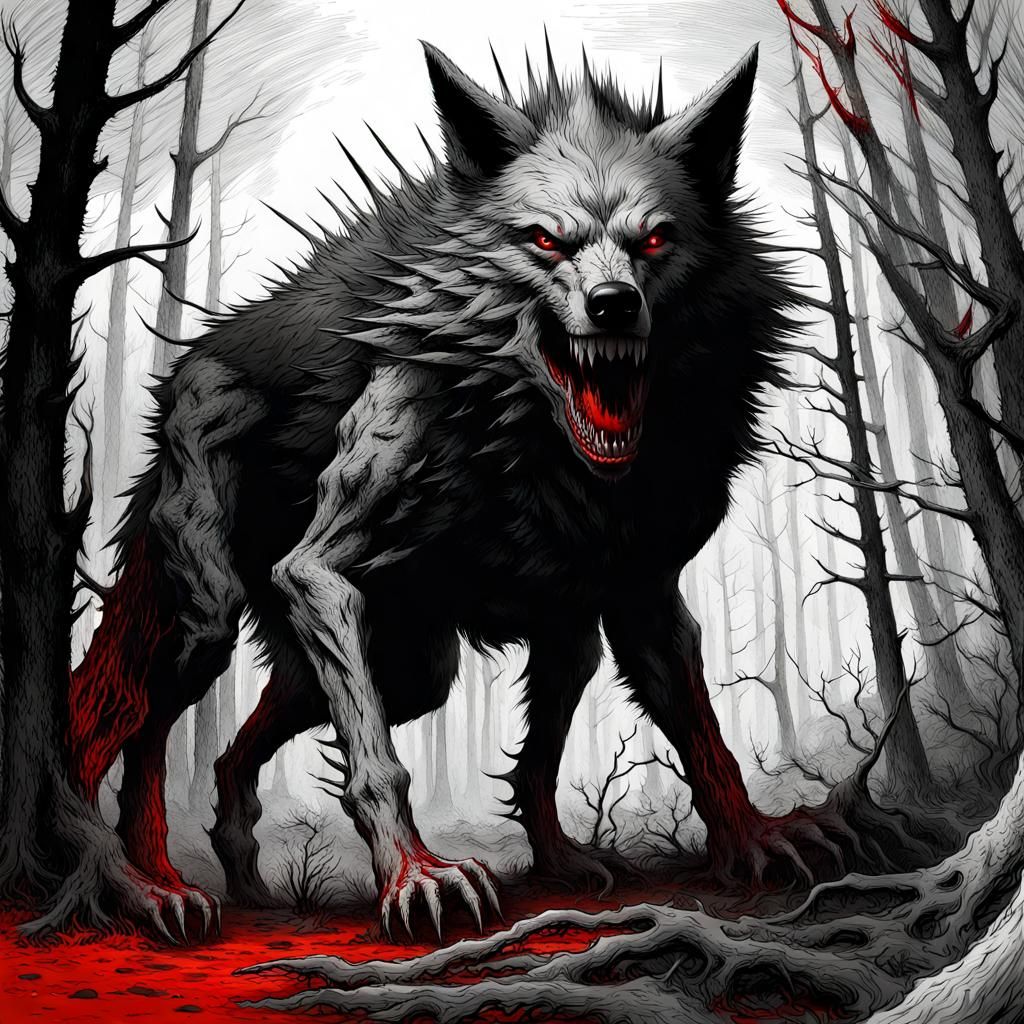 Monstrous Spiked Wolf in Forest: Horror Art