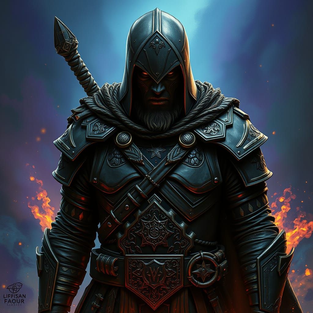 Dark Warrior in Mystical Armor, Beset by Fiery Hues