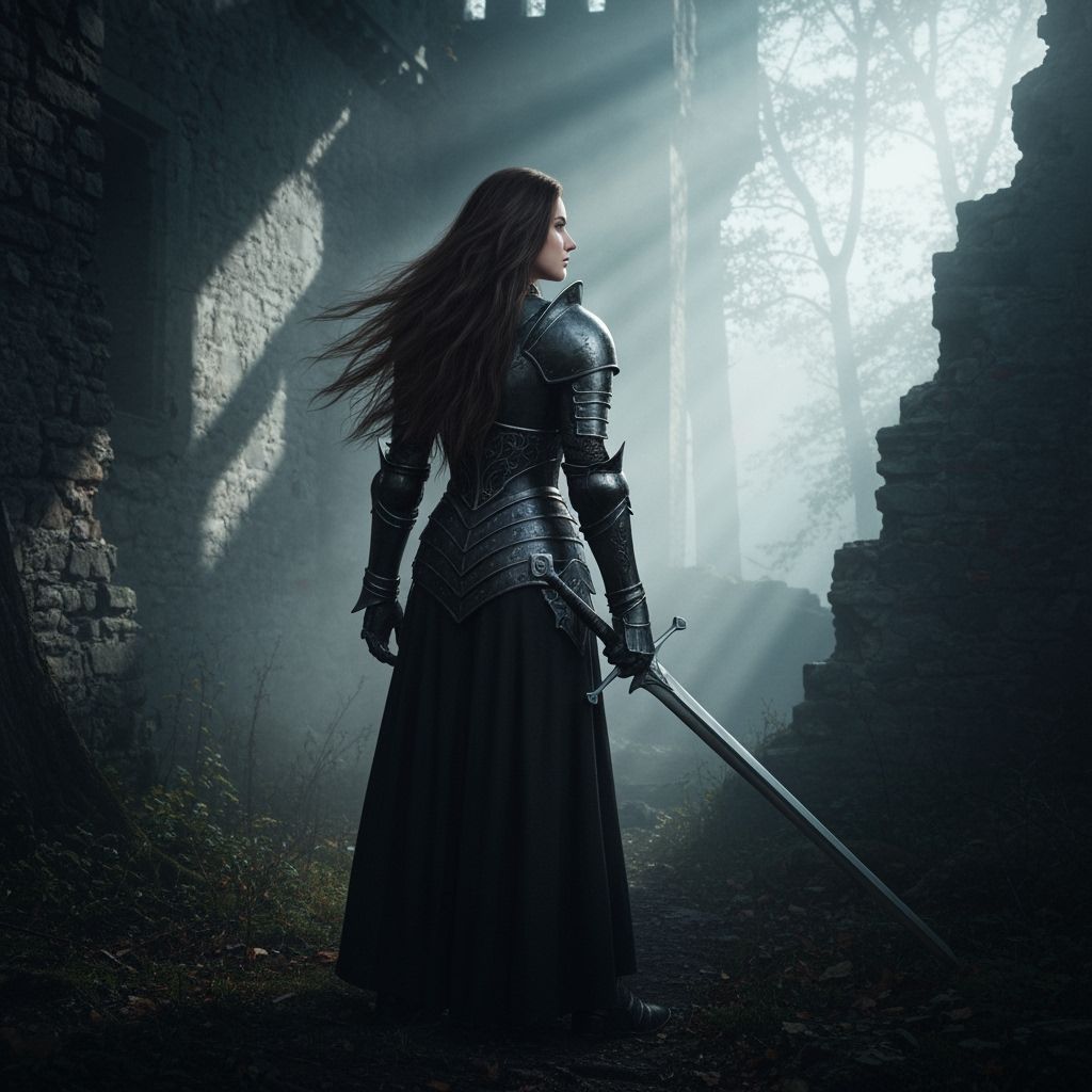 Knight in Black Armor in Misty Castle Ruins
