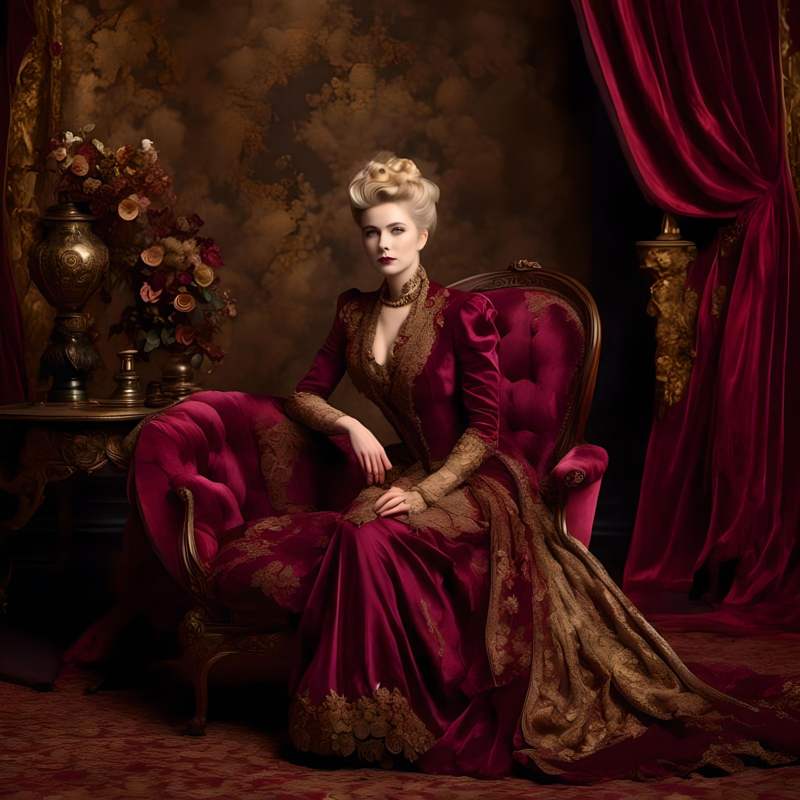 Edwardian Woman in Burgundy Studio Setting