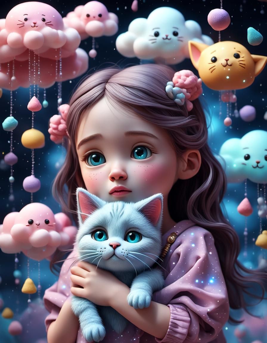 Crying Girl with Broken Cat in Candy Cloud