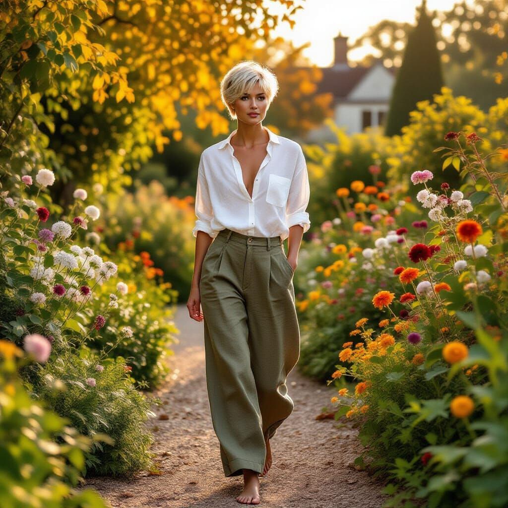 Autumn Garden Stroll: Woman in Linen Trousers