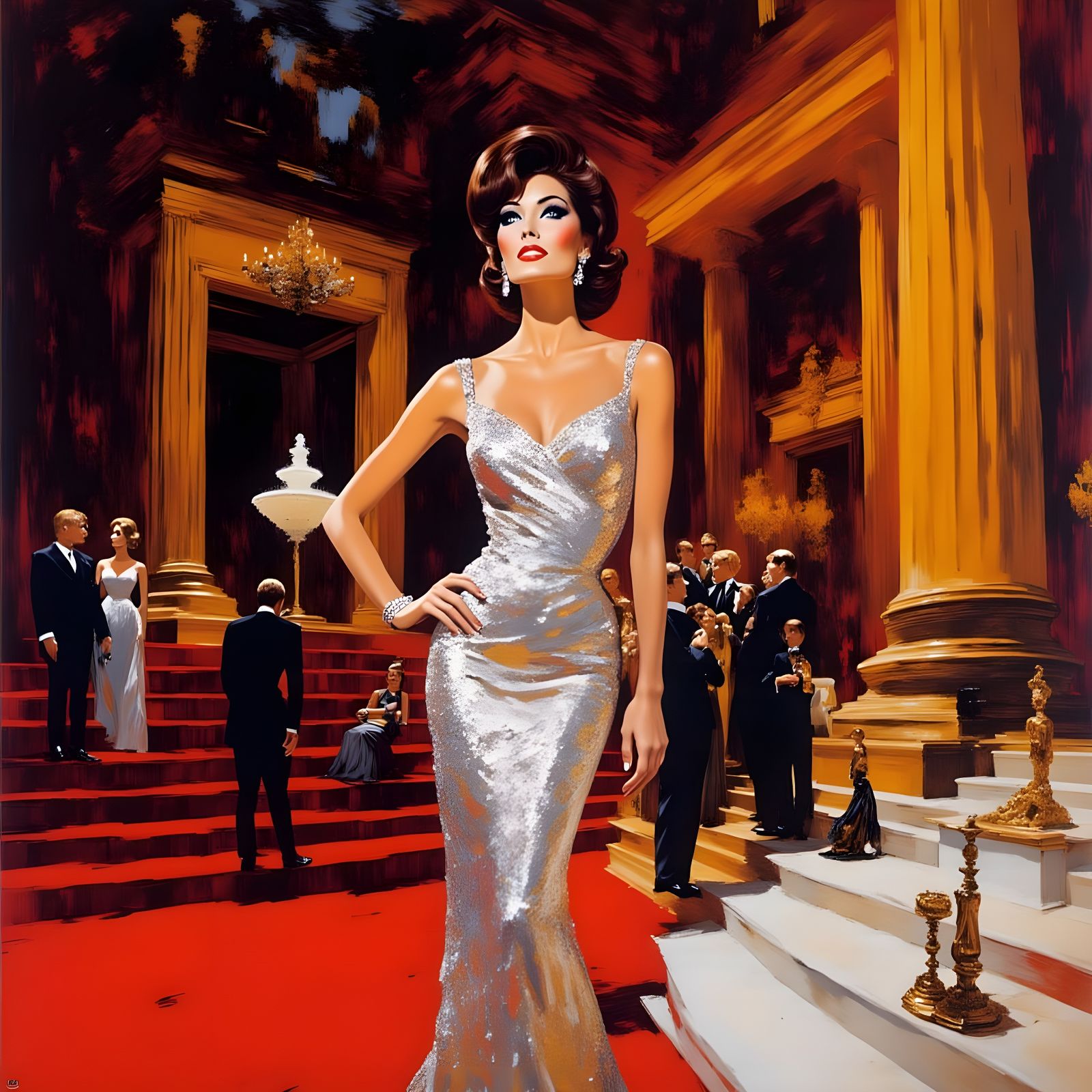 Glamorous Opera Night Scene in Vibrant 1960s Style