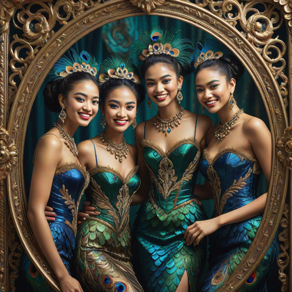 Elegant Baroque Portrait of Exotic Girls in Embroidered Peac...