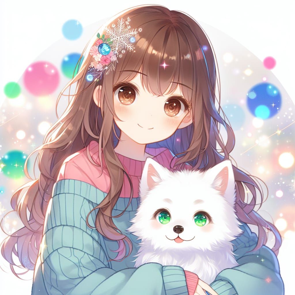 Anime Girl Cuddling Wolf with Sparkles