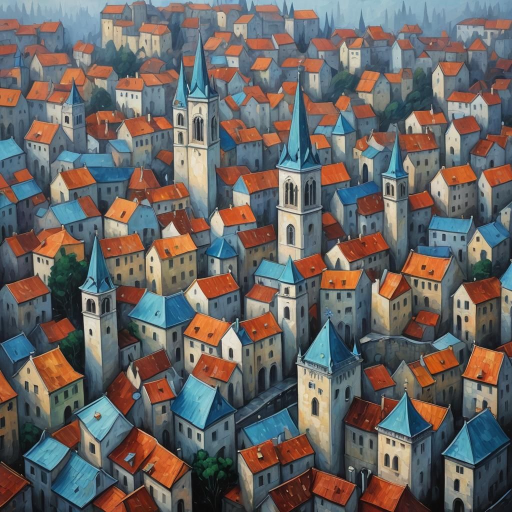 Gothic Medieval Marble City in Expressionist Oil Painting