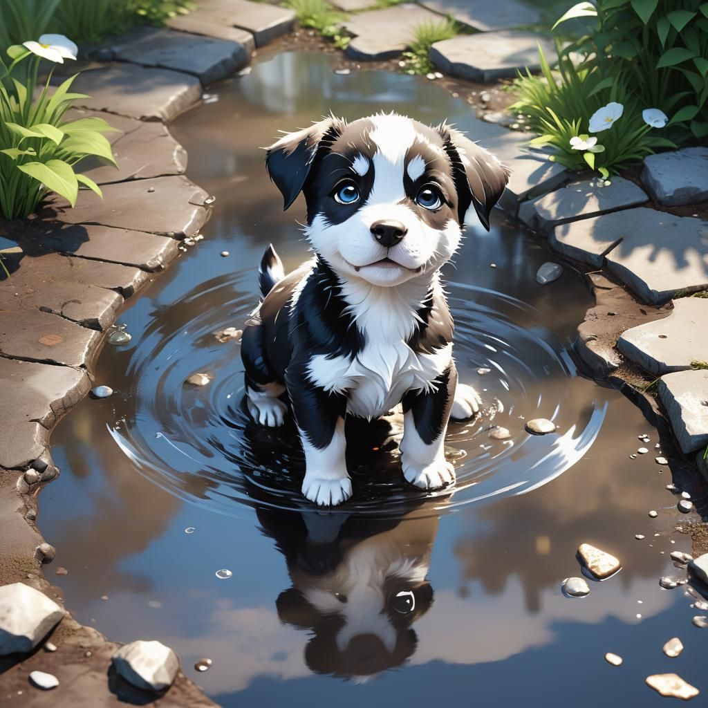 Husky Puppy Plays in Puddle: 3D Anime Art