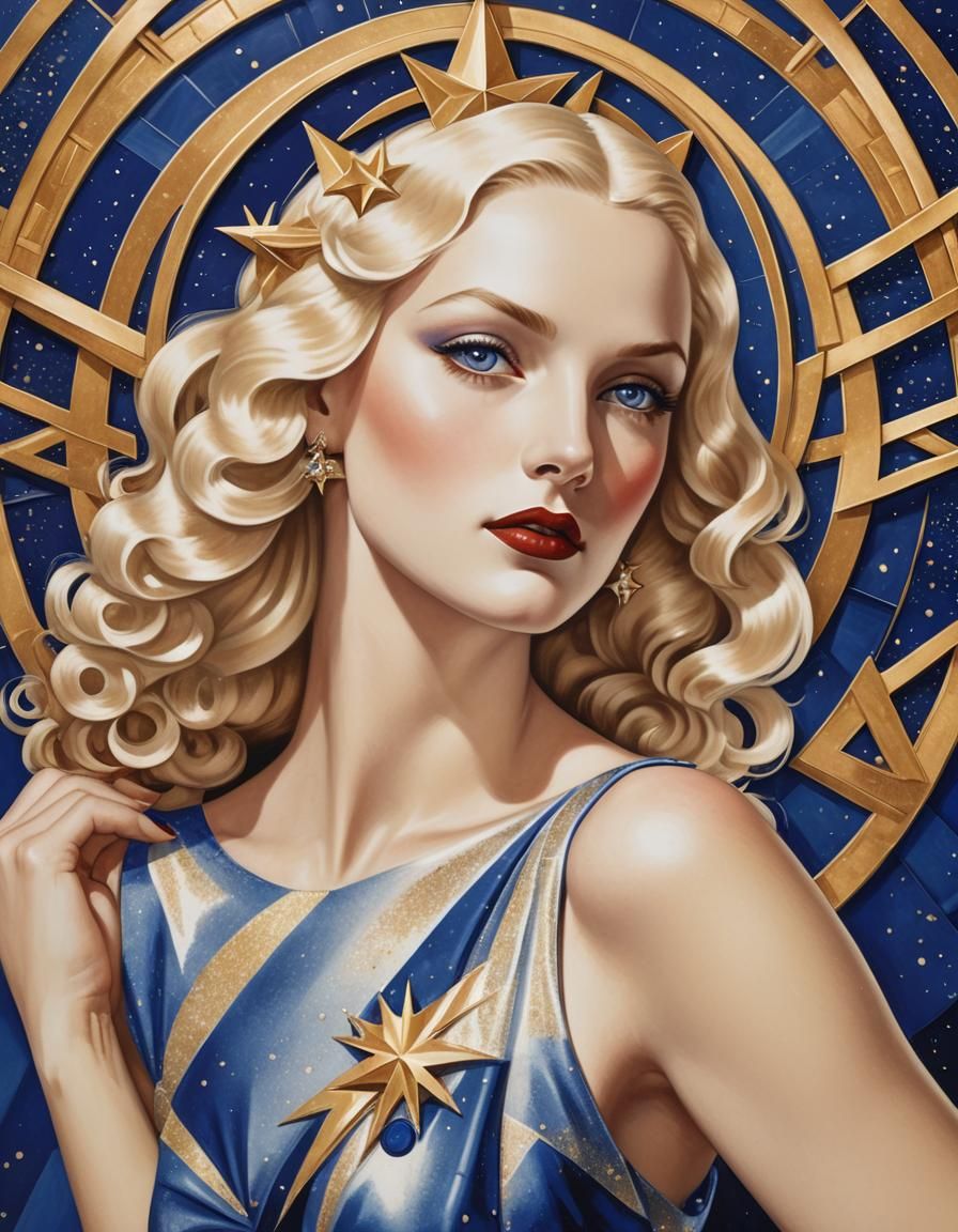 Art Deco Woman with Lapis Eyes in Celestial Scene