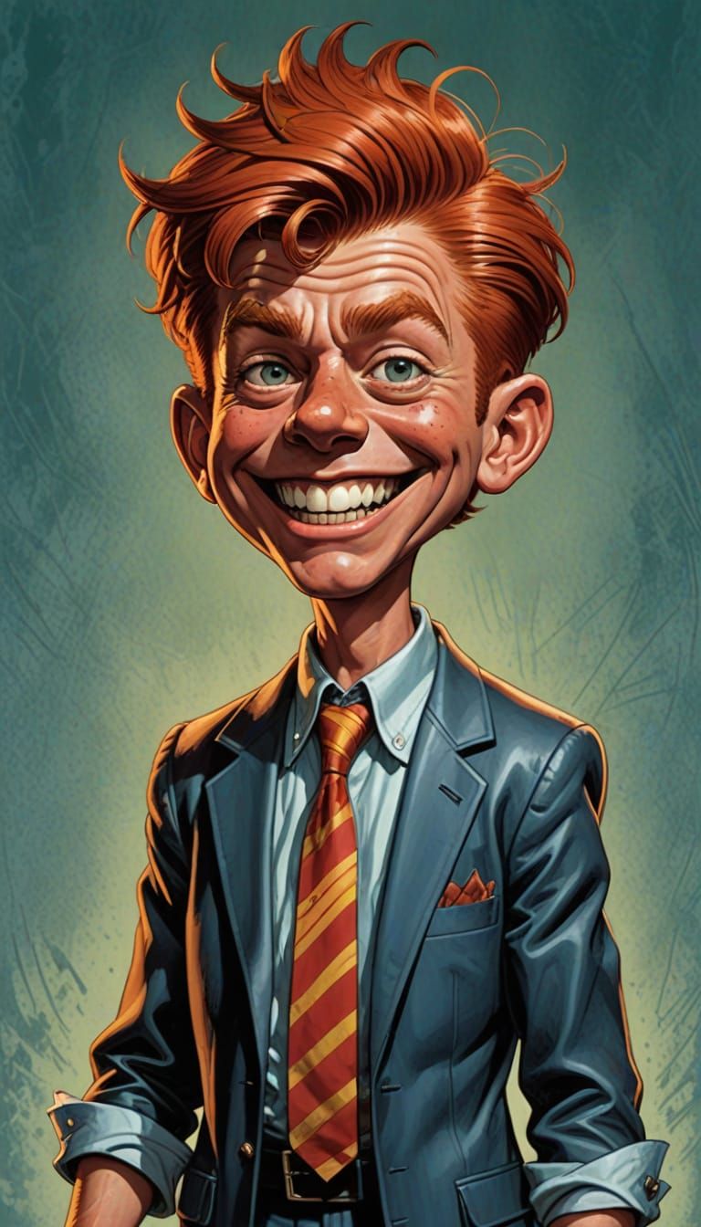 Alfred E. Newman is the face of the 1970's MAD magazine. He has an exaggerated head with red hair buck teeth and freckle...
