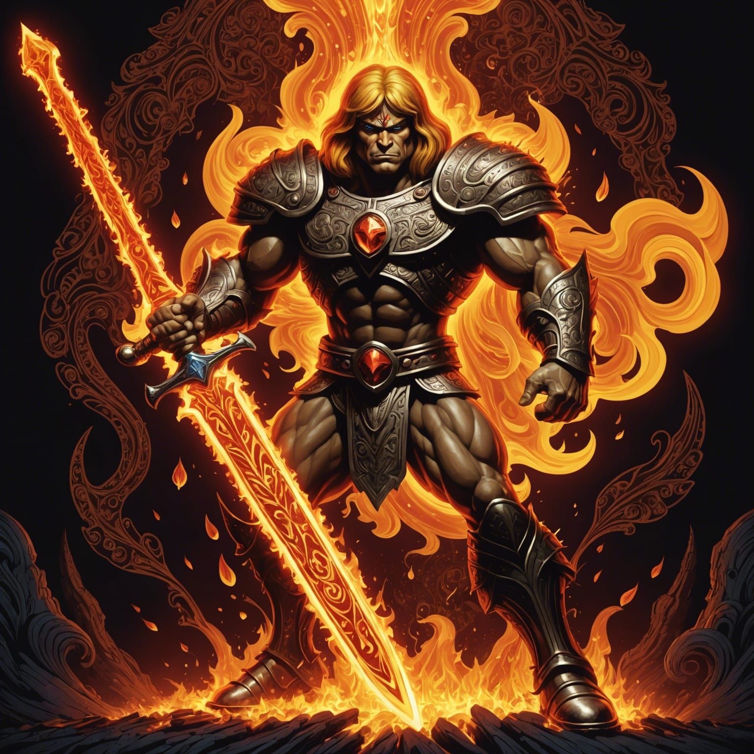 Fiery He-Man with Sword: Abstract Vector Fractal Art