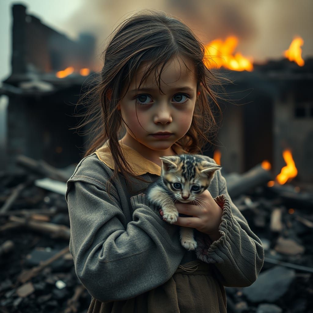 Distressed Girl with Kitten in Ruins: Cinematic Image