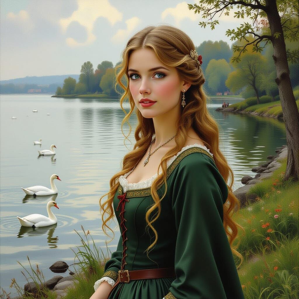 Medieval Noble Woman with Swans in Waterhouse Style