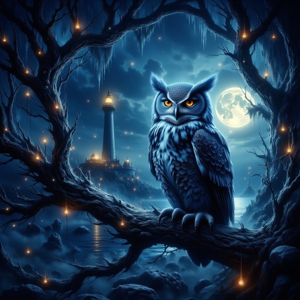 Moonlit Owl Painting with Lighthouse and Grape Vine