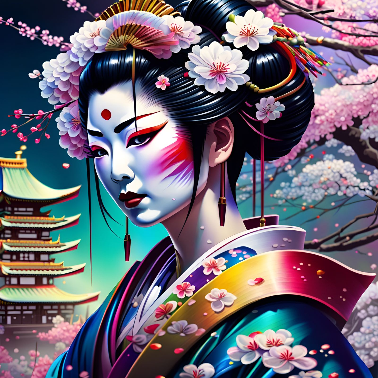 A Geisha in a Japanese Garden Full of Cherry Blossoms v6