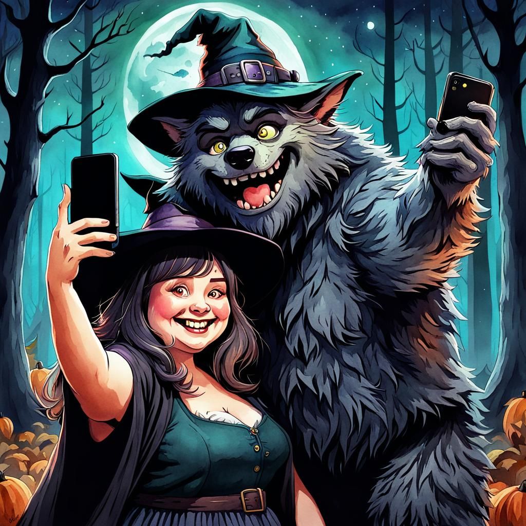 Cute Witch Takes Selfie with Friendly Werewolf