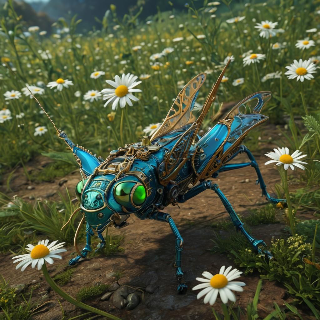 Steampunk Grasshopper Leaping to Daisy in Ornate Style