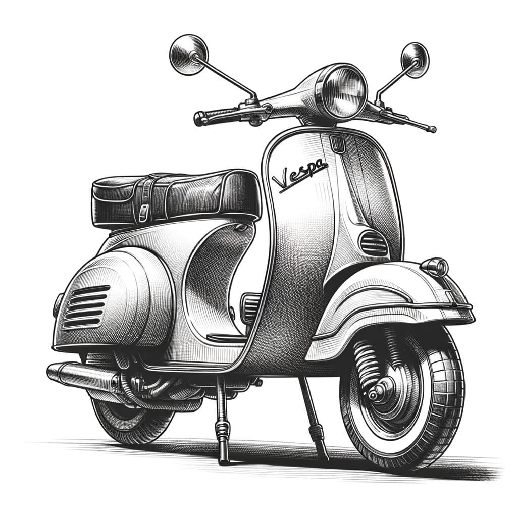 Detailed Pencil Drawing of a Vespa Scooter on Kickstand
