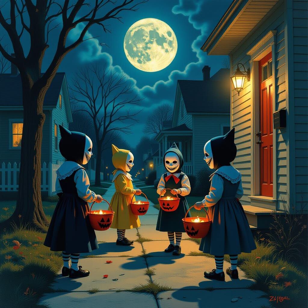 Surreal Children Trick-or-Treating Under Sickle Moon