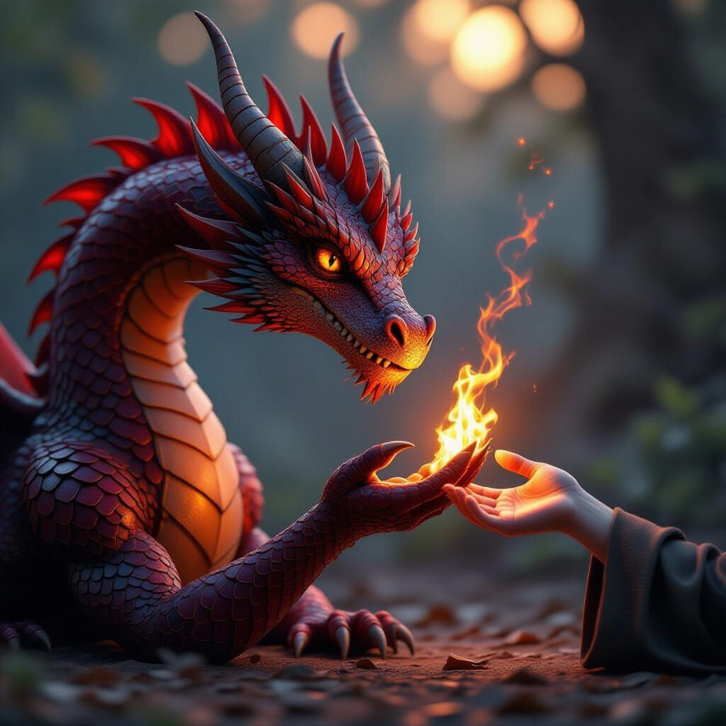 Dragon and Human Friendship with Gentle Flame