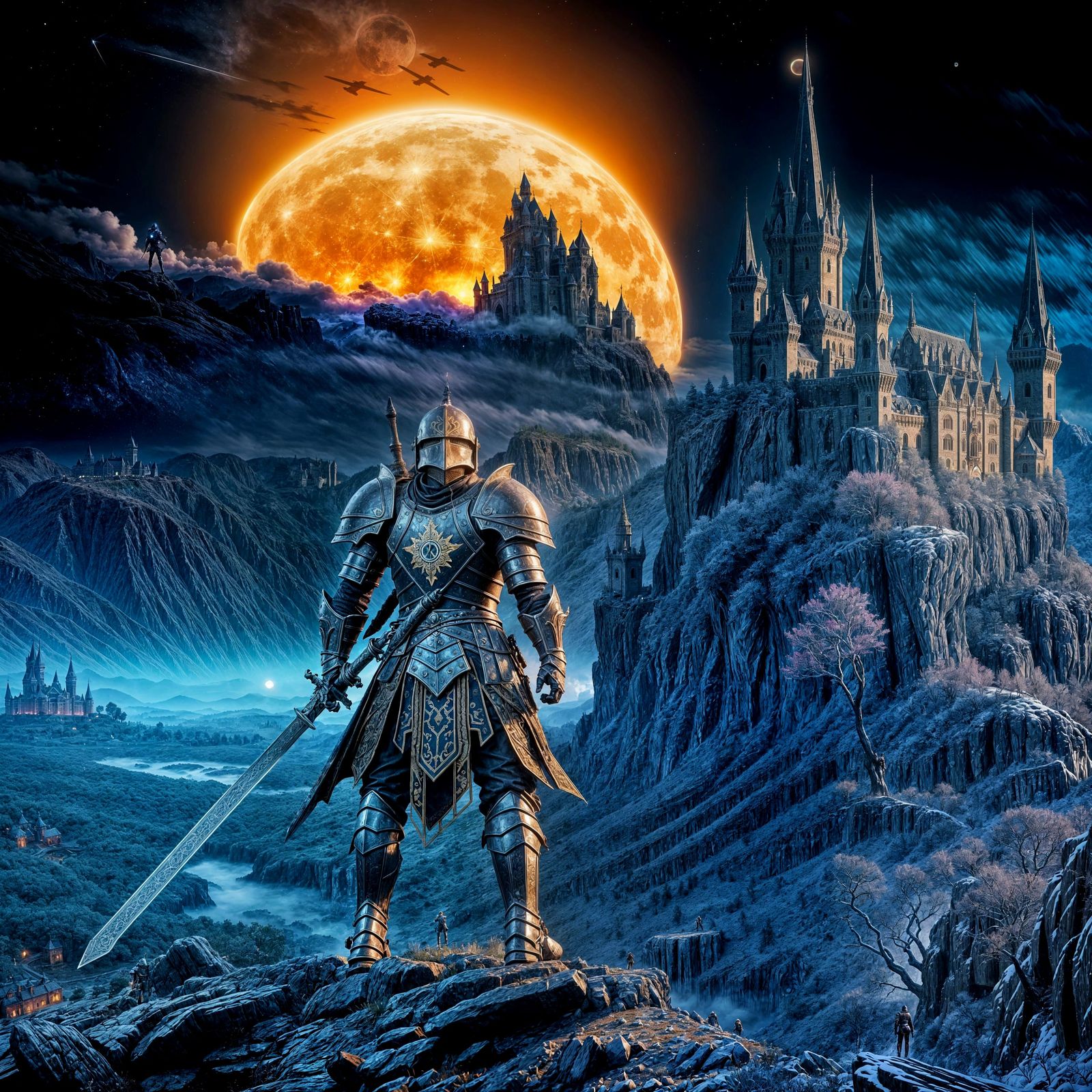 Armored Knight Overlooking Misty Fantasy Landscape