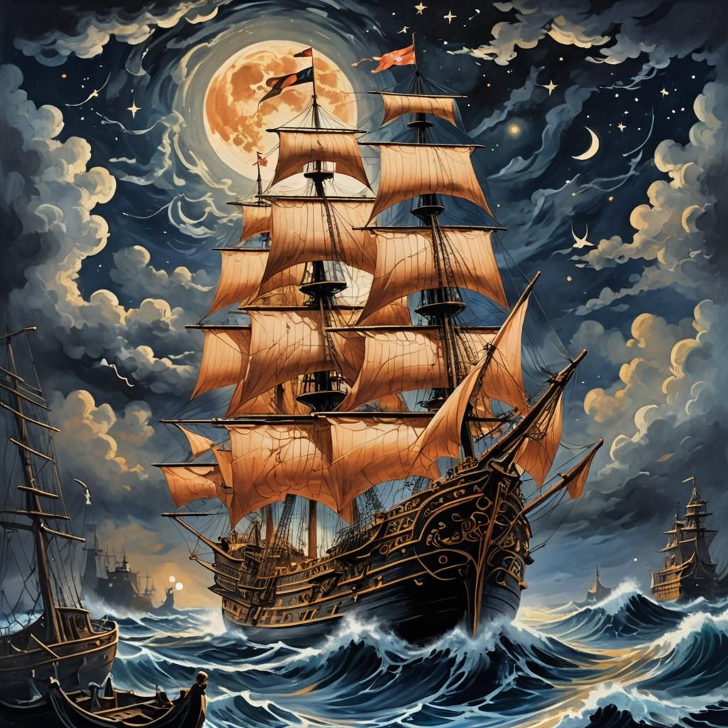 Majestic Galleon Sails Stormy Sea Under Full Moon