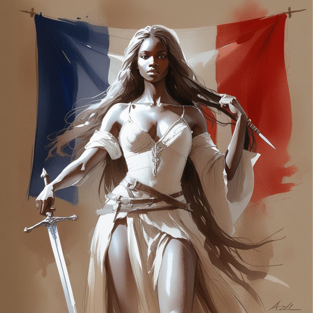 Black Woman with Longsword, French Flag Background