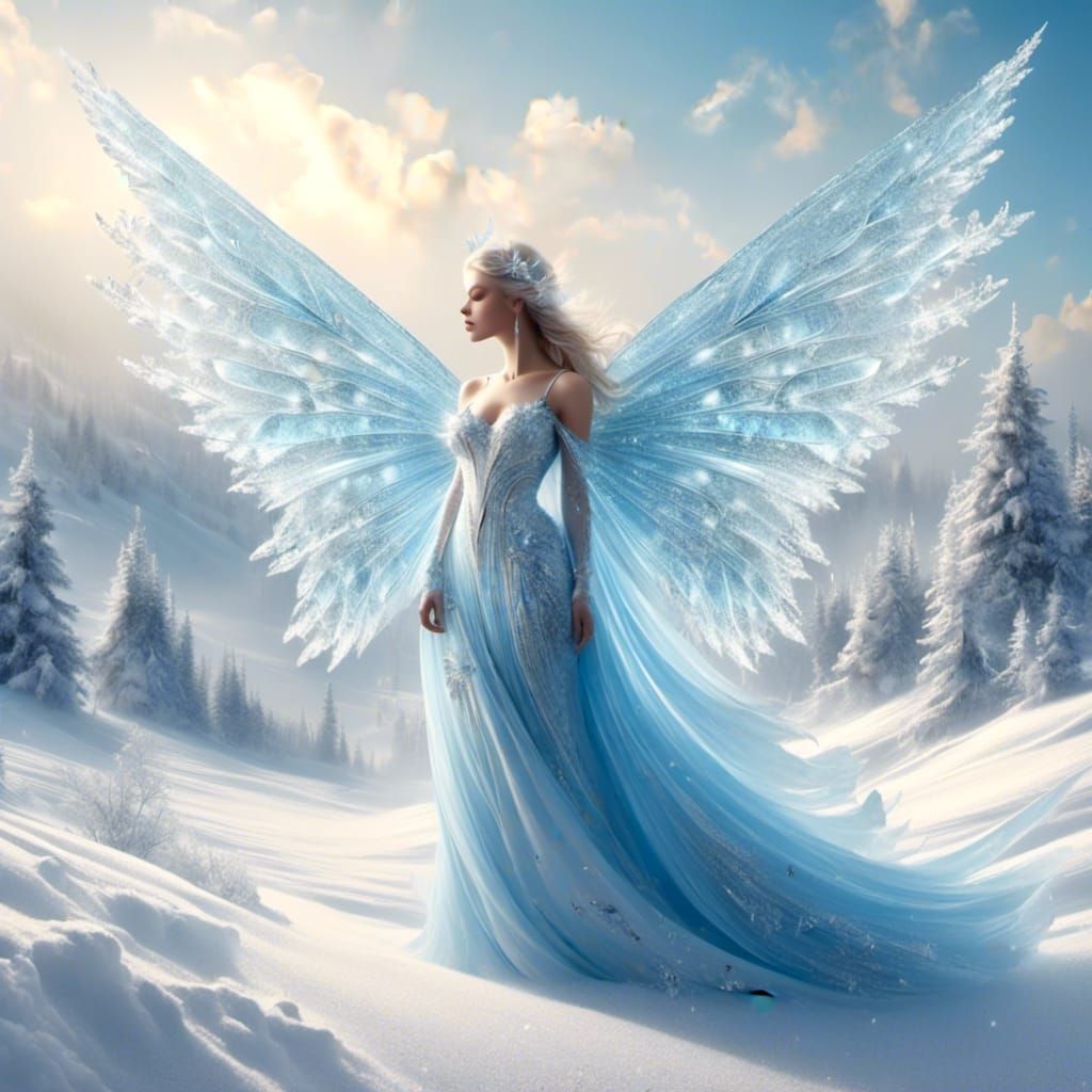 Female winged fairy. Sky blue, ice blue, pastel blue, pastel...