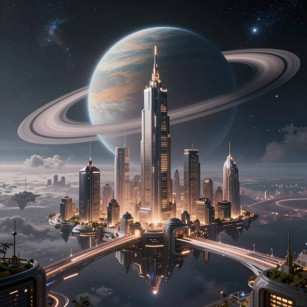 Futuristic Floating City in Space Digital Painting