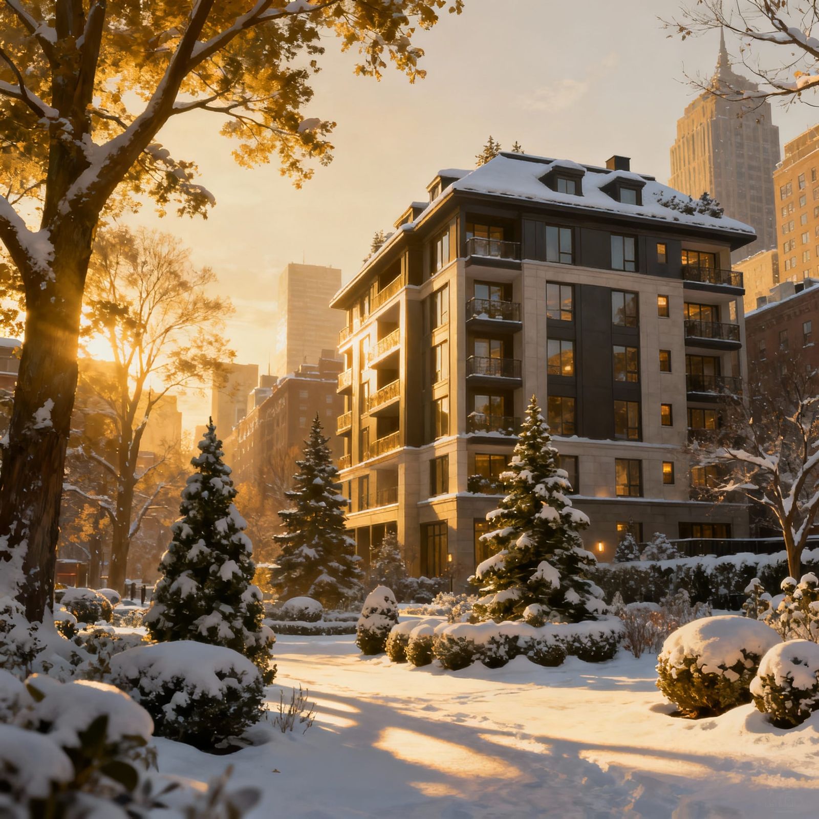 Modern Apartment Building in Snowy Cityscape at Golden Hour