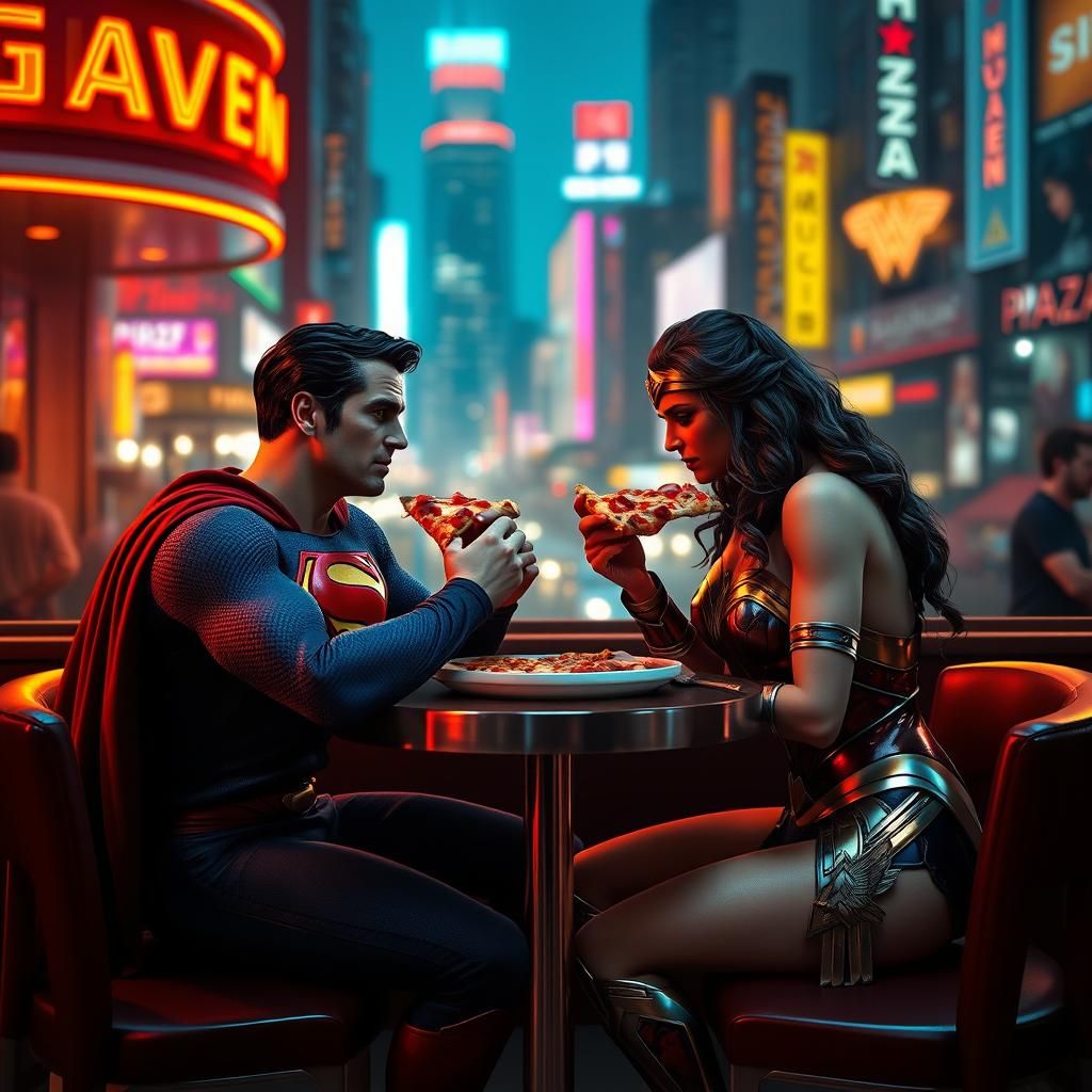 Superman and Wonder Woman at Pizza Haven