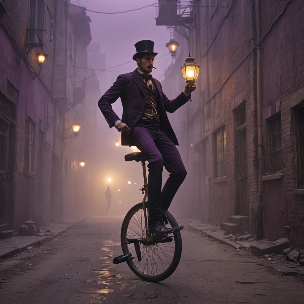 Steampunk Unicycle Rider in Foggy Alley