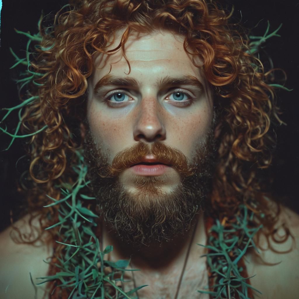 Distressed Man in Thorns: Retro Polaroid Portrait