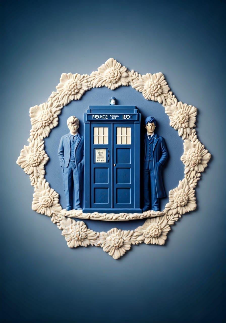 Wedgwood Jasperware blue and white plaque of the TARDIS and the Tenth Doctor