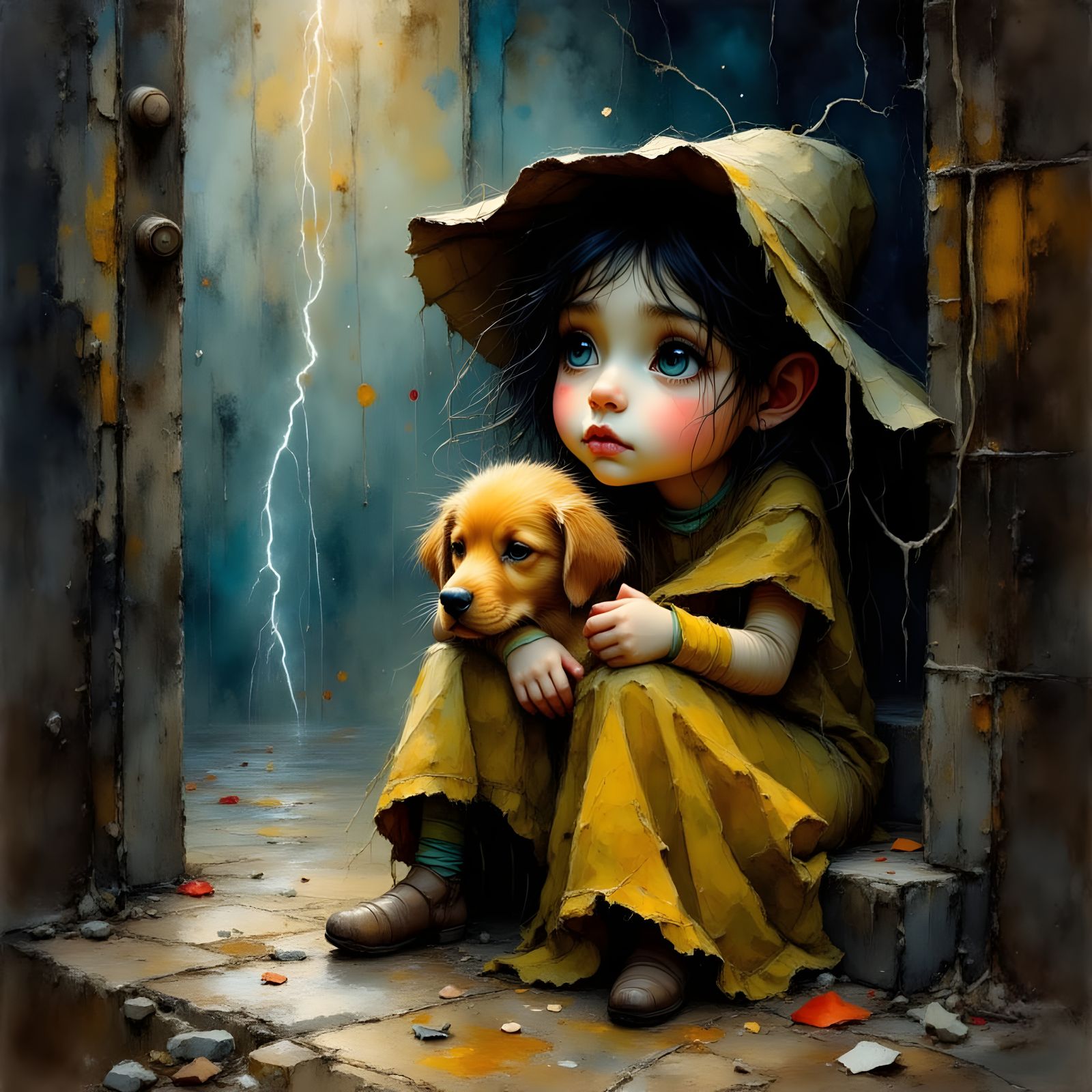 Homeless Girl and Dog in Thunderstorm, Impressionistic Style