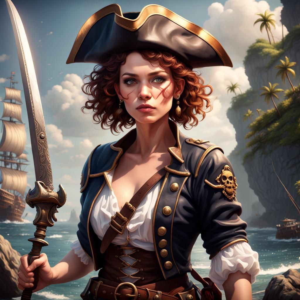 Female Pirate Captain with Sword: Detailed Matte Painting