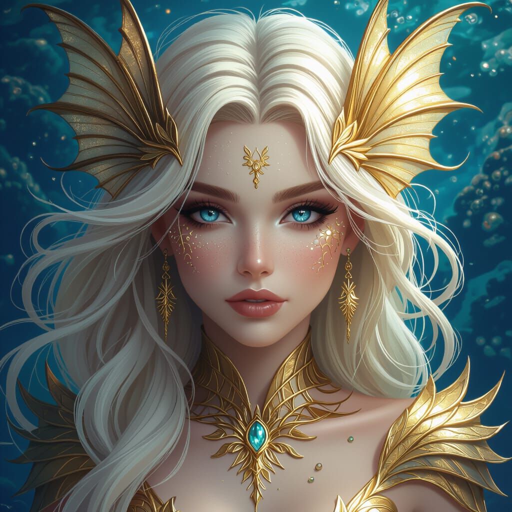 Beautiful Blonde Siren with Gold Fins and Ocean Eyes