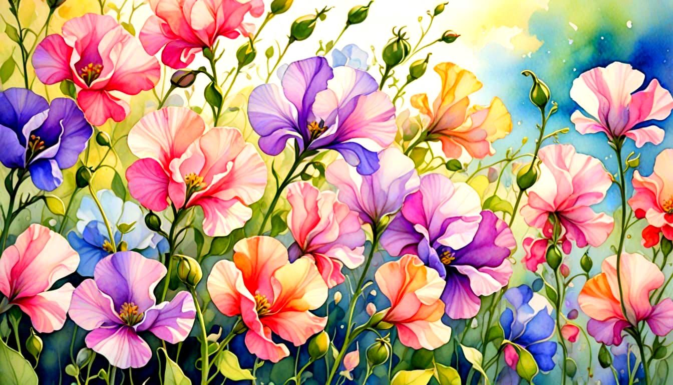 Colorful Watercolor Sweet Peas Floral Art