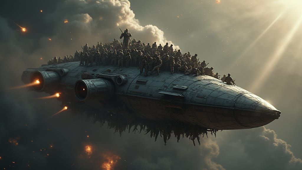 Spaceship Flees Dying Planet in Matte Painting Style