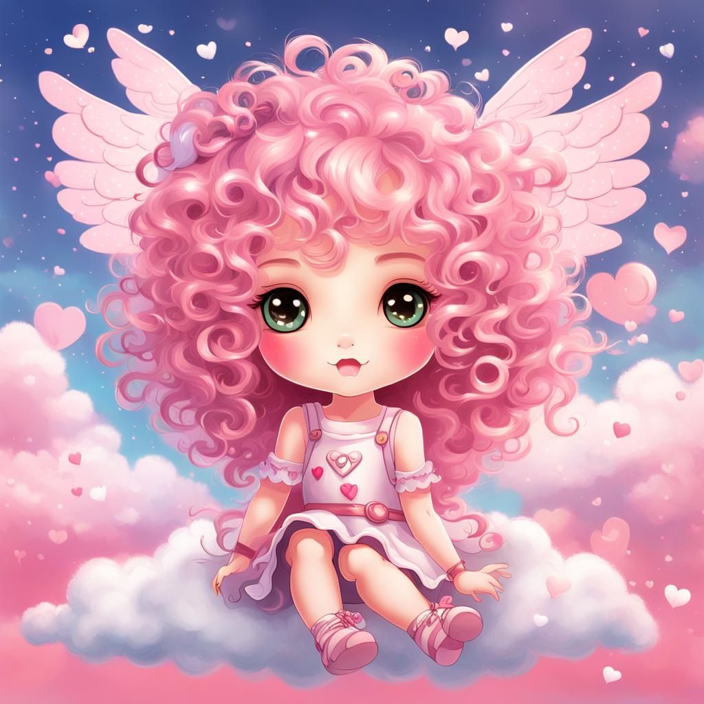 Chibi Anime Cupid Diva on Cloud in Pastel Colors