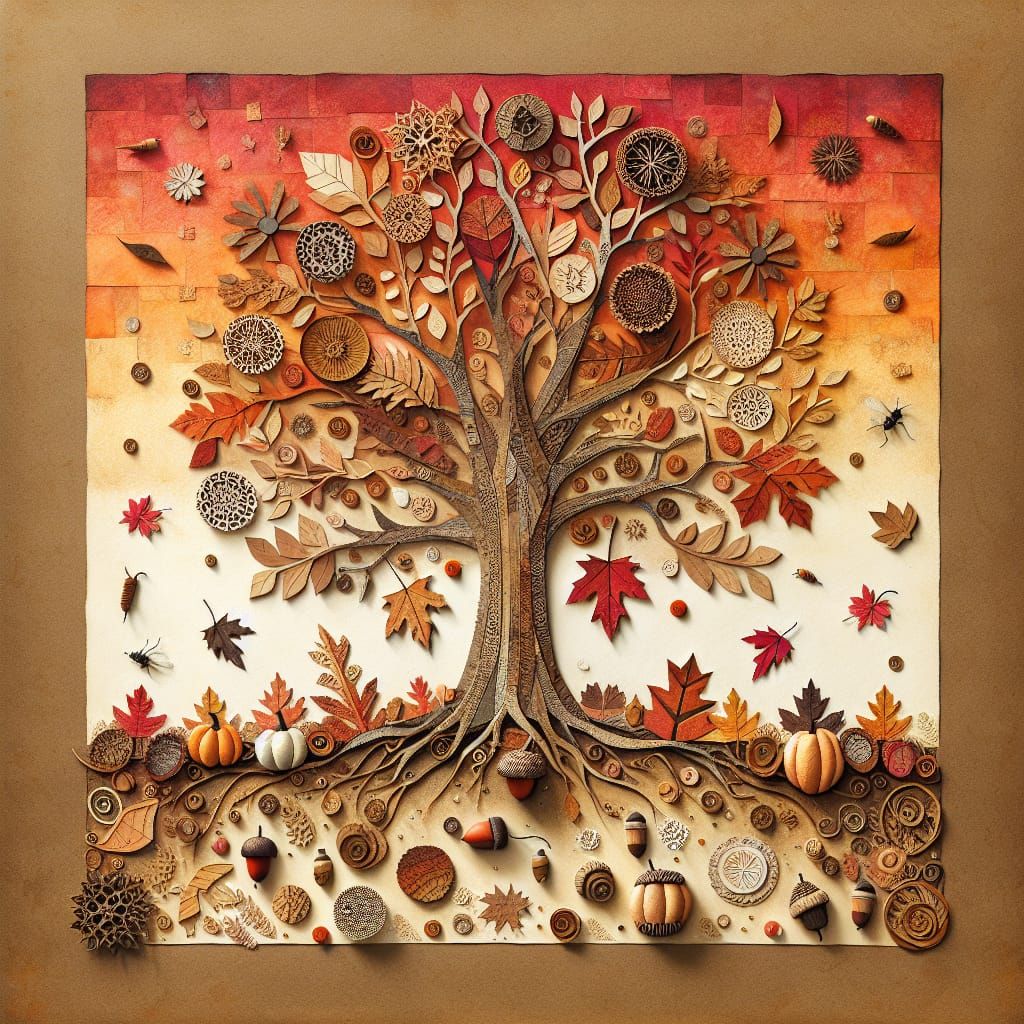 Autumnal Paper Collage with Grand Tree and Fallen Leaves