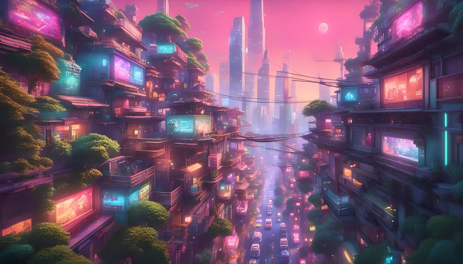 Cyberpunk Jungle Dreamscape in Neon Pastel Colors