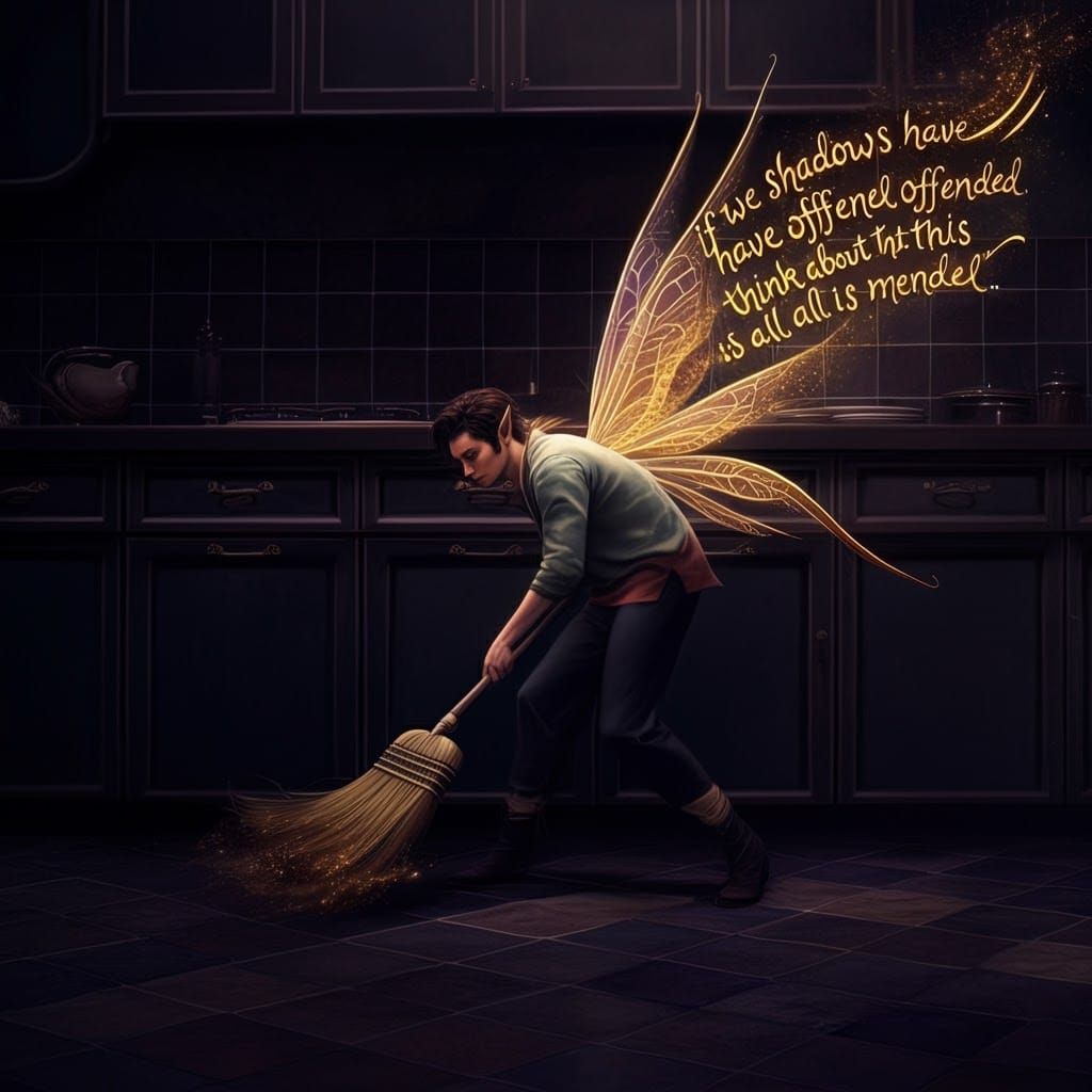 Fairy Sweeping a Modern Kitchen in Splash Art Style