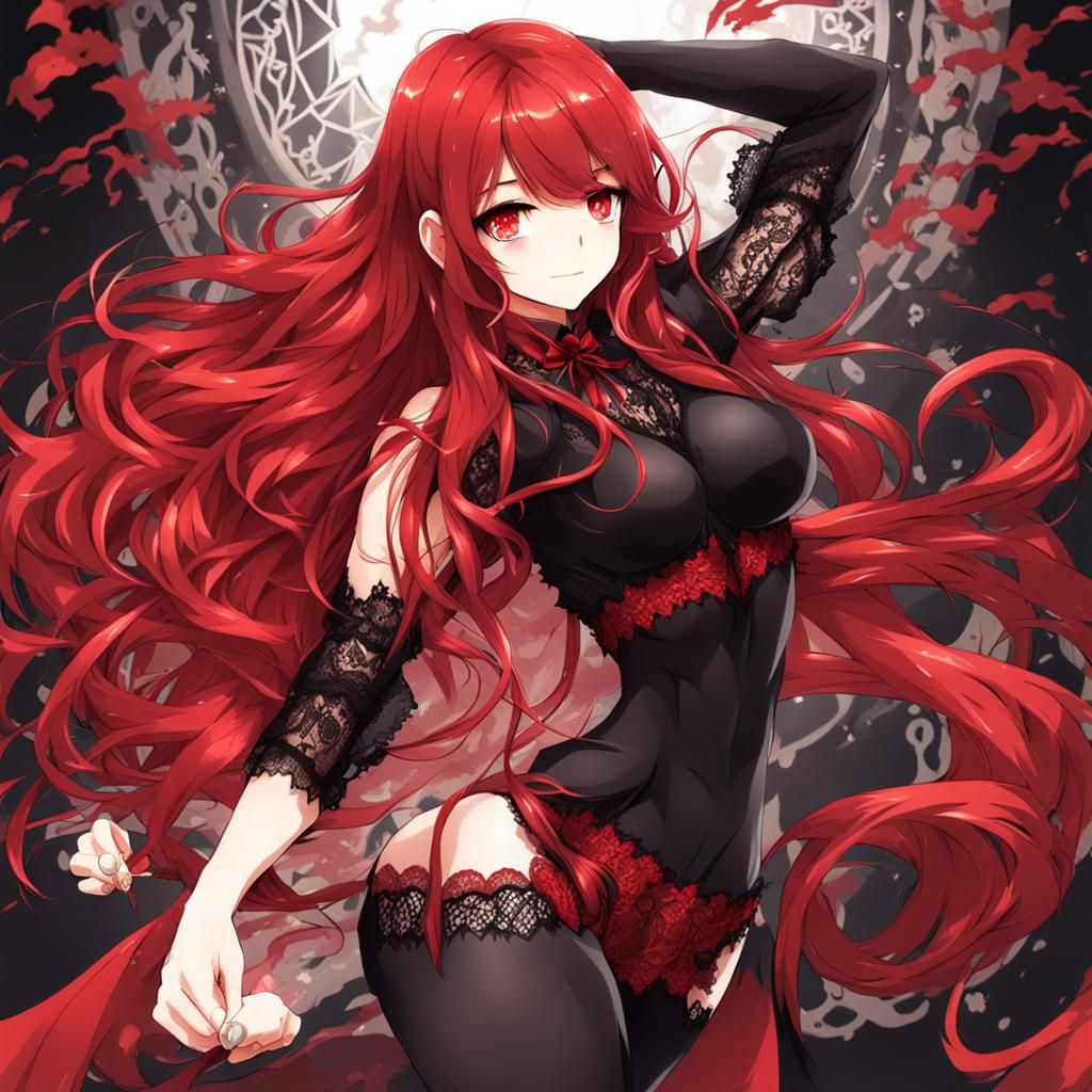 Anime Style Woman with Red Hair in Lingerie